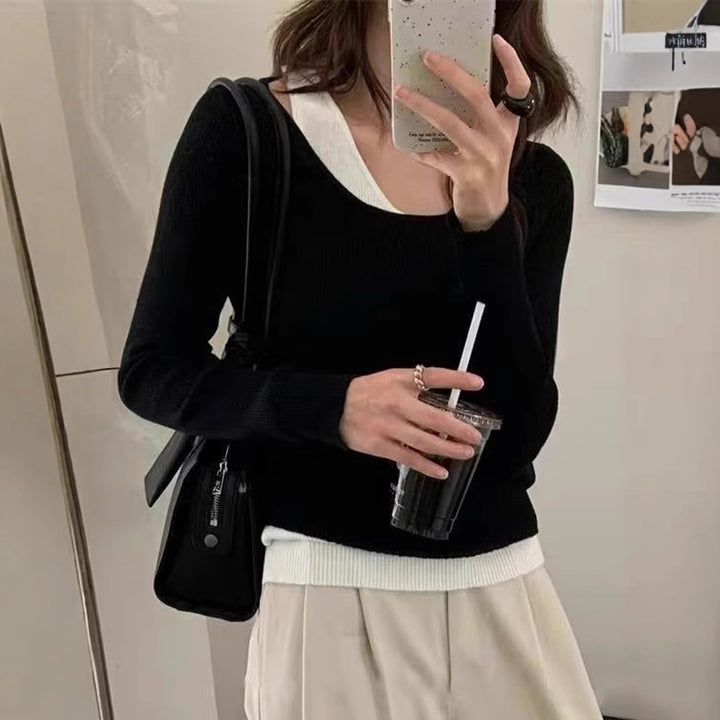 Damen lässiger V-Ausschnitt Strickpullover mit kontrastrierendem Saum Drune