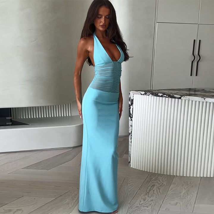 Damen Elegantes Maxikleid mit tiefem V-Ausschnitt und gerafftem Oberteil Drune