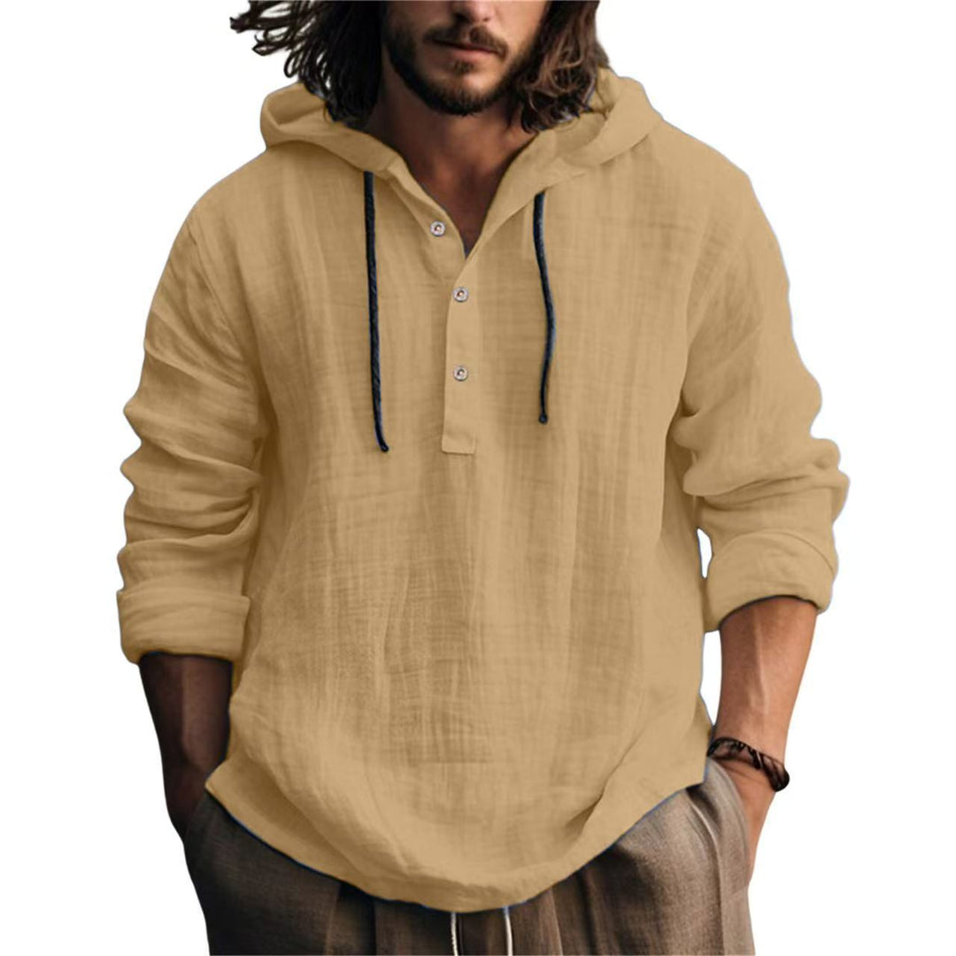 Herren Leichtes Kapuzenhemd im Leinenlook mit Henley-Knopfleiste Drune