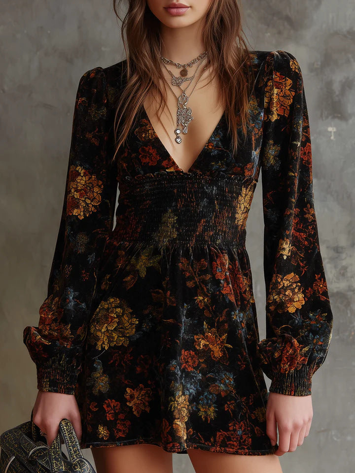 Damen Mini-Kleid mit tiefem V-Ausschnitt und Blumenmuster Drune