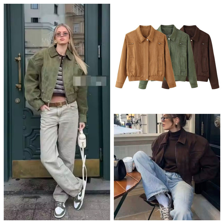 Damen elegante Wildlederjacke mit praktischen Taschen Drune