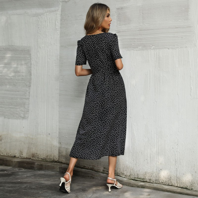 Damen Midi-Kleid mit süßem Punktmuster und eleganter Knopfleiste Drune