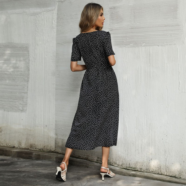 Damen Midi-Kleid mit süßem Punktmuster und eleganter Knopfleiste Drune