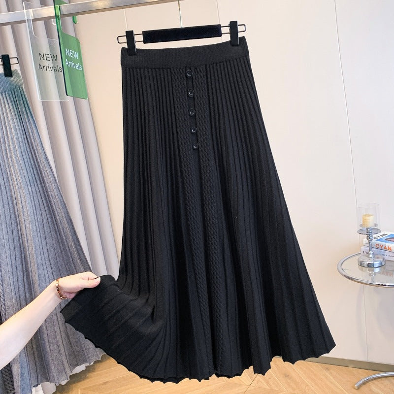 Damen Plissierter Maxirock mit Knopfdetails und feinem Wellenmuster Drune