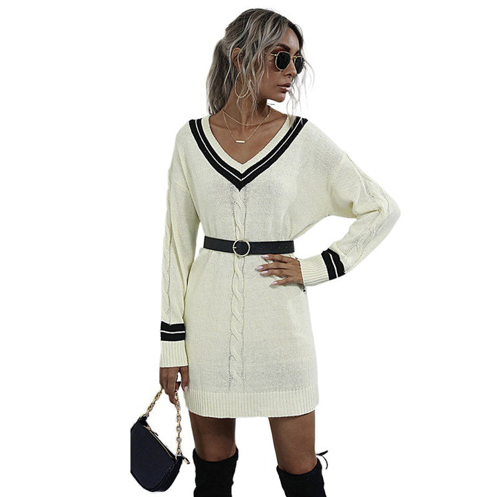 Damen Lässiges Strickkleid mit V-Ausschnitt Drune