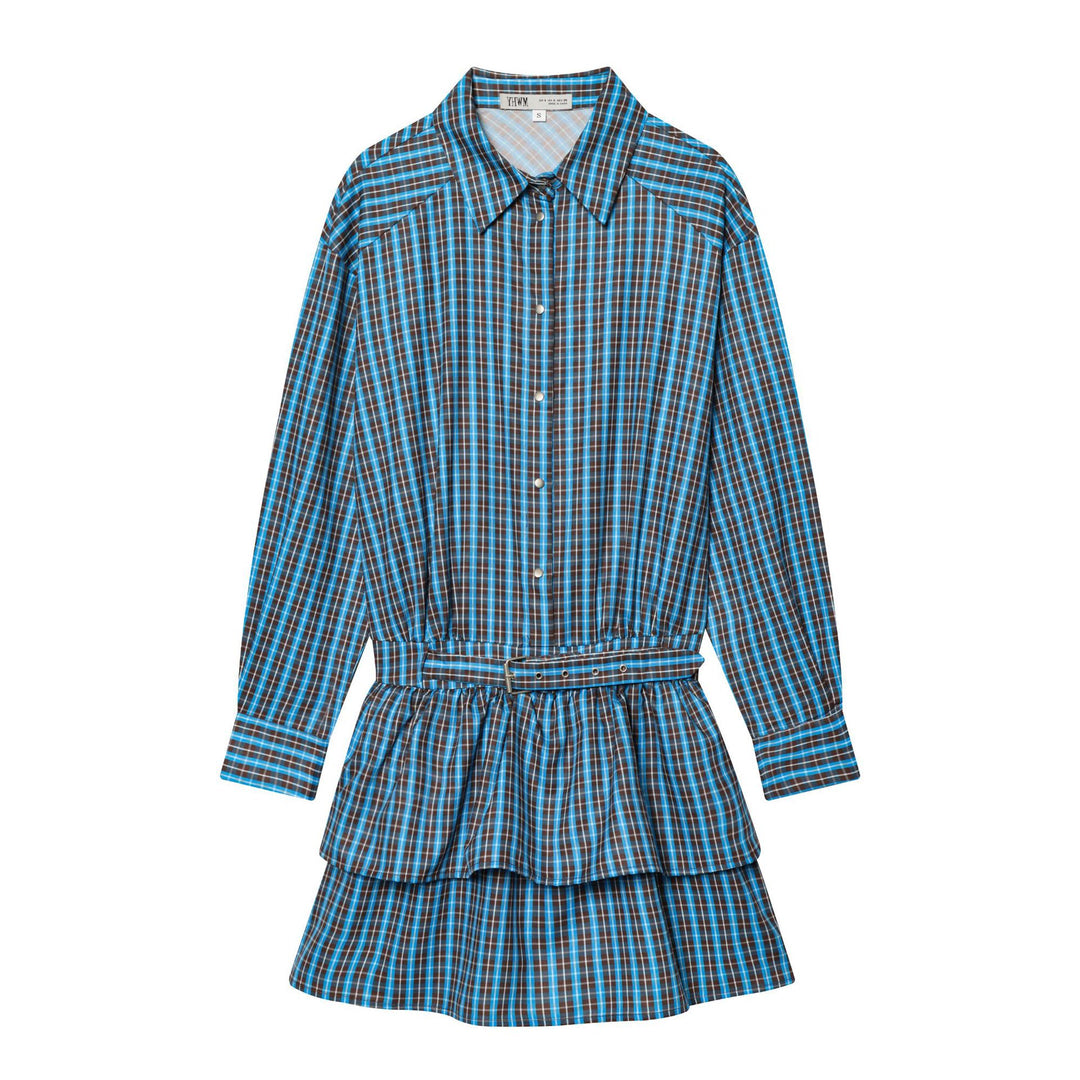 Damen Hemdkleid mit Gürtel, Karo‑Muster und Stufenrock Drune