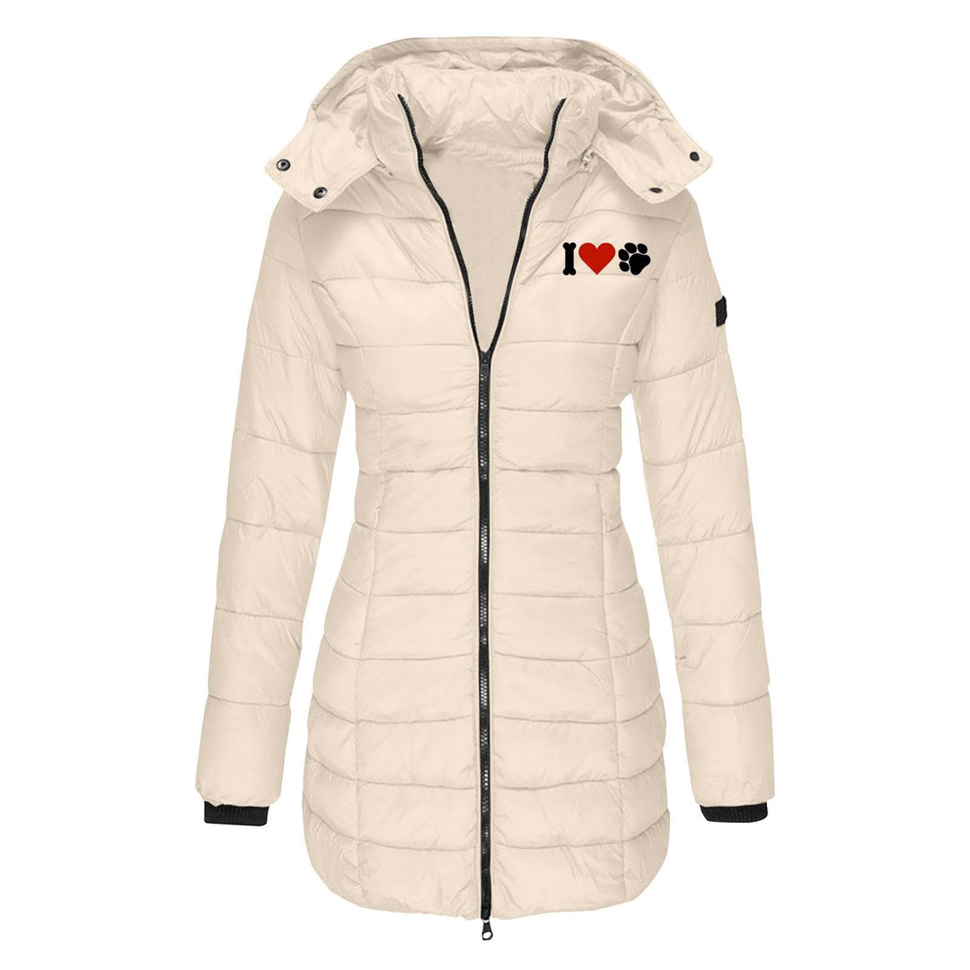 Damen nan gesteppte Steppjacke mit Kapuze, taillierter Silhouette und Herz-Pfoten-Print Drune