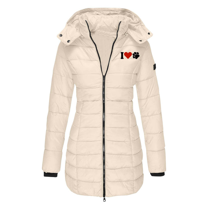 Damen nan gesteppte Steppjacke mit Kapuze, taillierter Silhouette und Herz-Pfoten-Print Drune