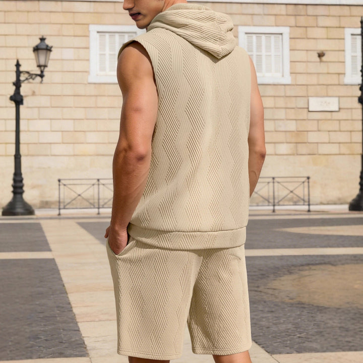 Herren nan ärmelloses Kapuzen-Lounge-Set aus strukturierter Baumwollmischung mit Kängurutasche und elastischer Freizeithose Drune