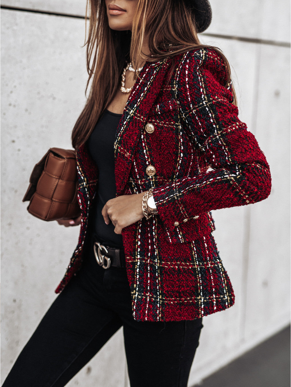 Damen Modischer Tweed-Blazer mit doppelter Knopfleiste und strukturiertem Gewebe Drune