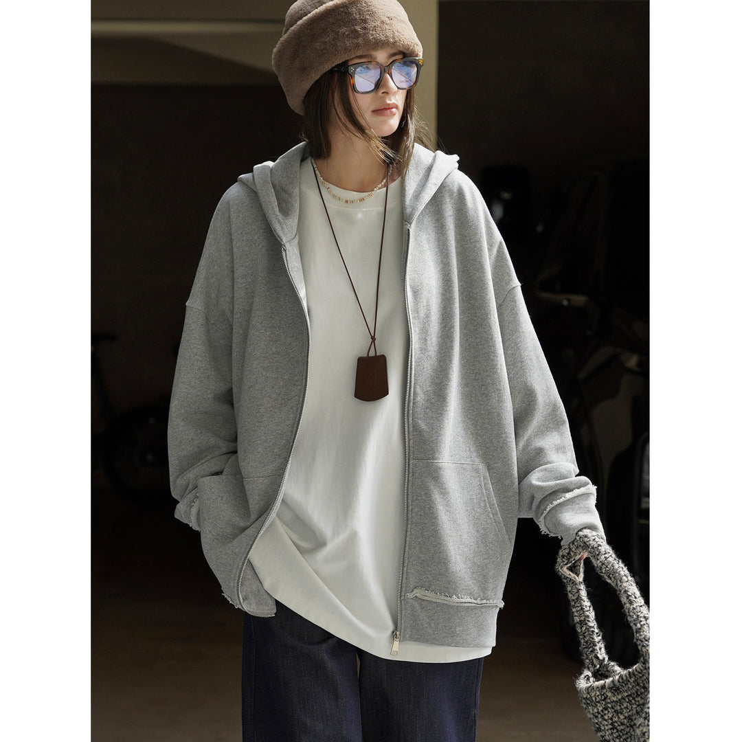 Damen Relaxed-Zip‑Hoodie im Used‑Look mit ausgefransten Kanten Drune