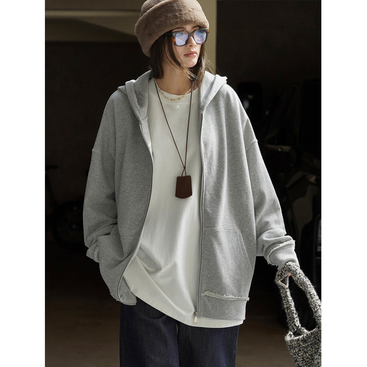 Damen Relaxed-Zip‑Hoodie im Used‑Look mit ausgefransten Kanten Drune
