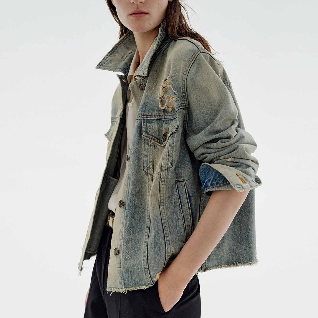 Damen nan oversized Destroyed-Denimjacke mit rohem Saum, aufgesetzten Brusttaschen und vintage Waschung Drune