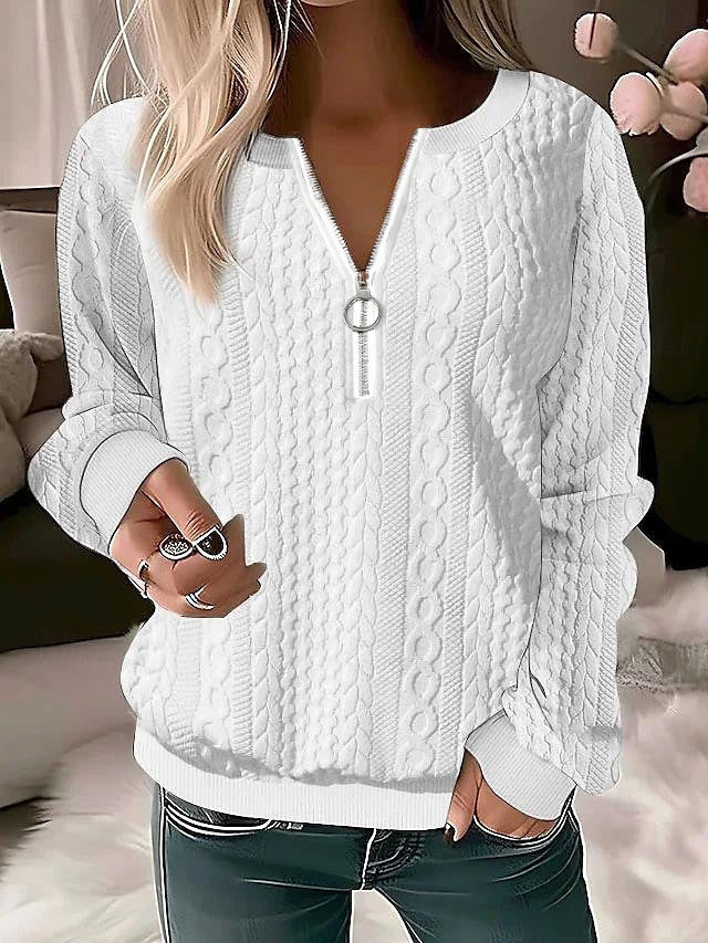 Damen Strickpullover mit Zopfmuster und halbem Reißverschluss Drune