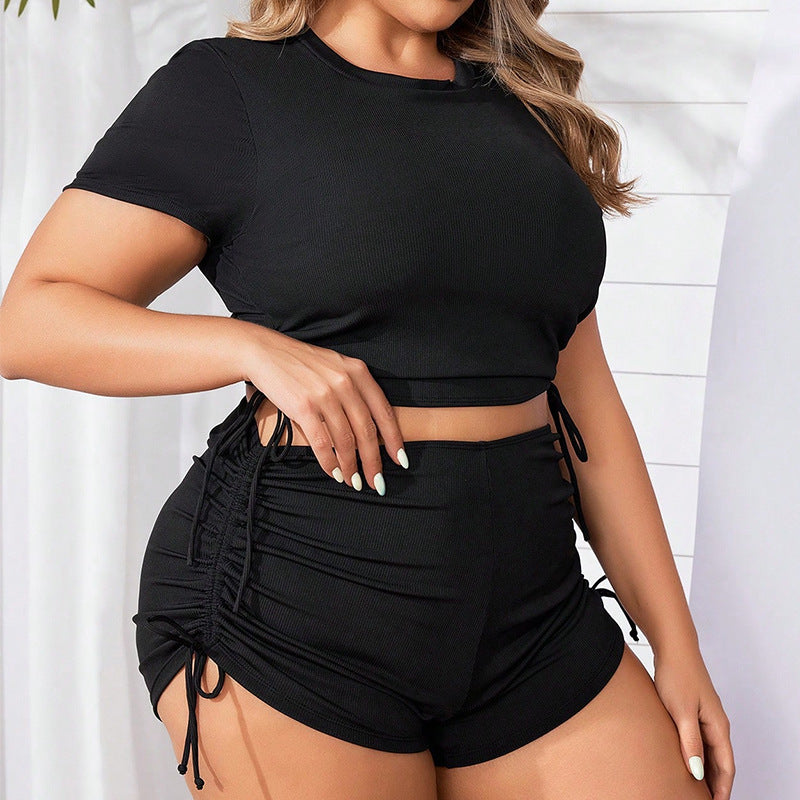 Damen Sportliches Kurzarm-Oberteil mit hochgeschnittenen Shorts Drune