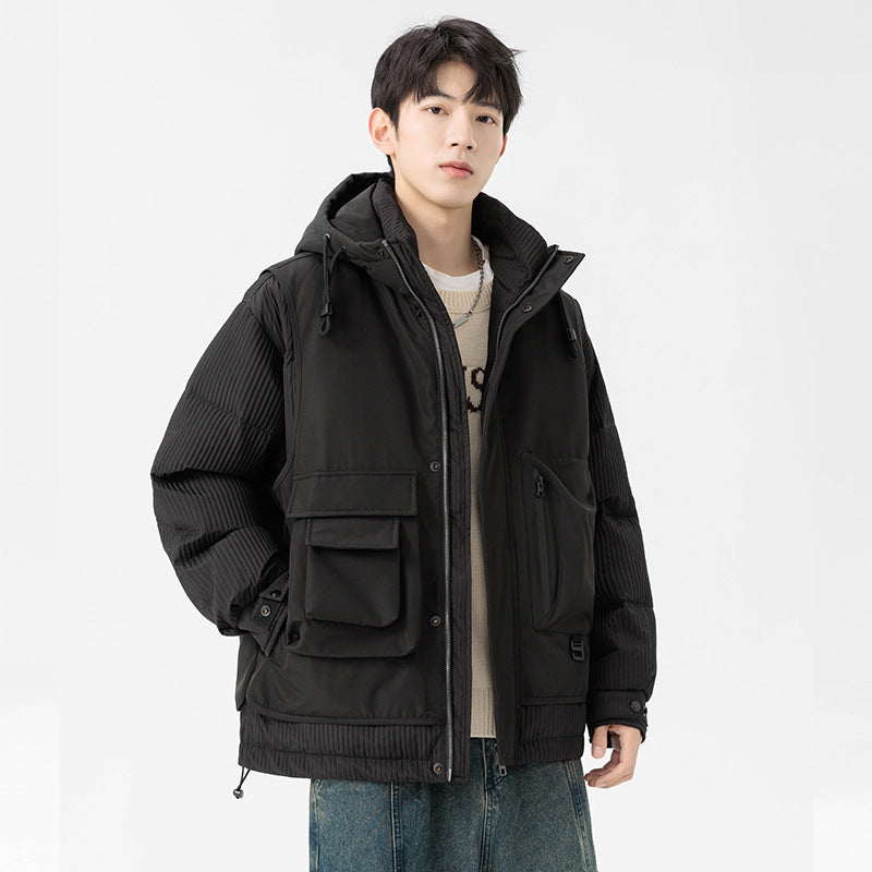 Herren Gepolsterte Winterjacke mit Kapuze, gesteppte Ärmel und Cargo-Taschen Drune