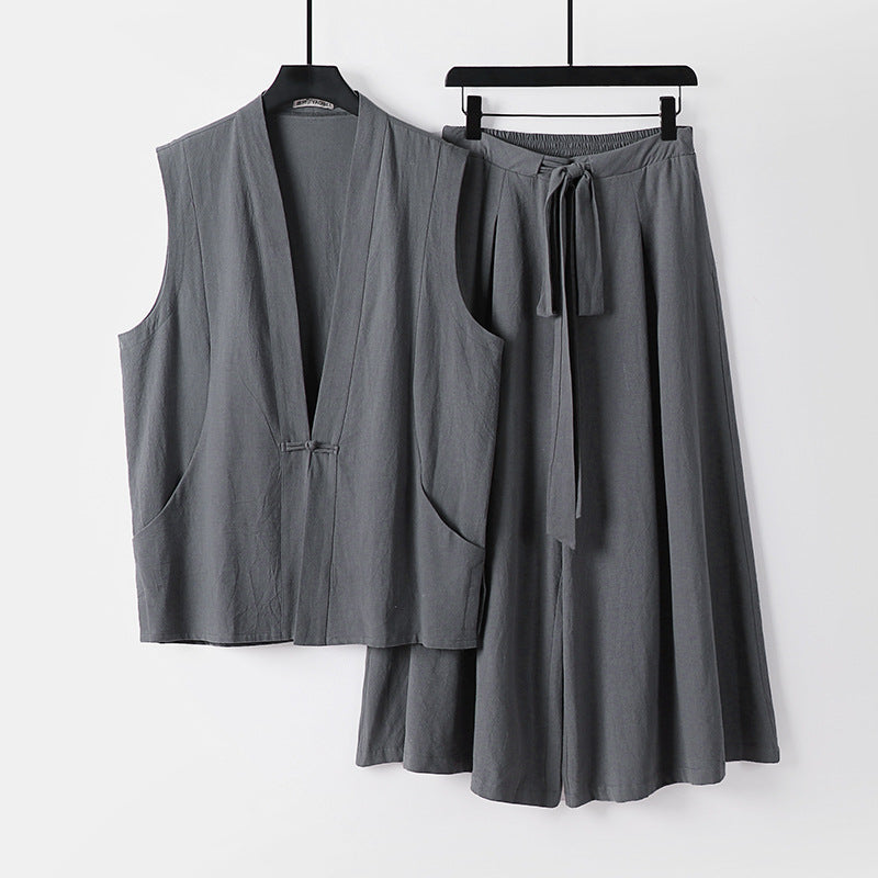 Damen Ärmelloses Kimono-Loungewear-Set aus leichtem Viskose-Leinen mit Bindeweste und weiten Palazzo-Hose Drune