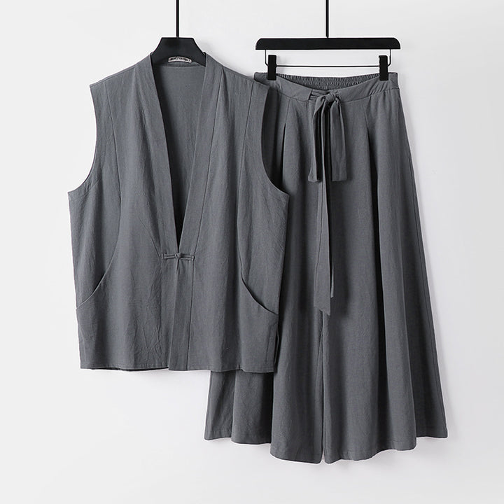 Damen Ärmelloses Kimono-Loungewear-Set aus leichtem Viskose-Leinen mit Bindeweste und weiten Palazzo-Hose Drune