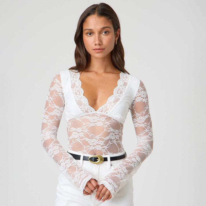 Damen Durchsichtiges Spitzenlangarmbodysuit Drune