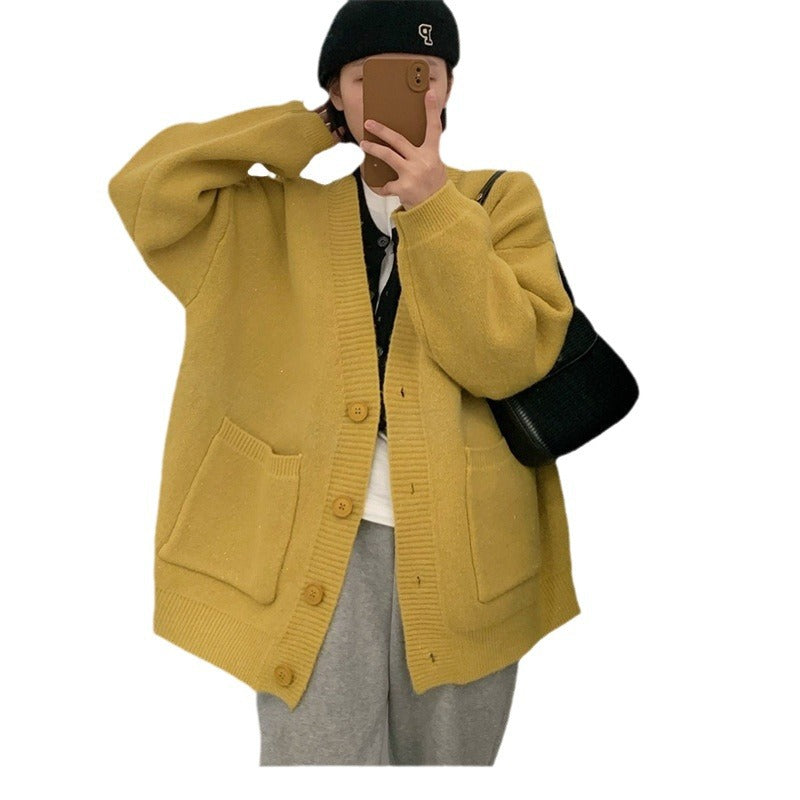 Damen kuschelige Strickjacke mit großen Taschen und durchgehendem Knopfverschluss Drune