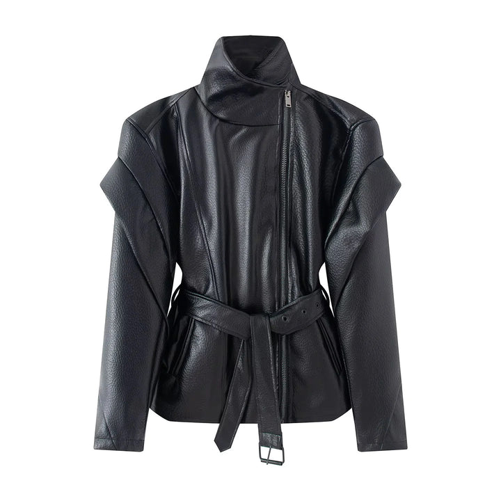 Damen nan taillierte Kunstlederjacke mit asymmetrischem Reißverschluss, hohem Stehkragen und Bindegürtel Drune