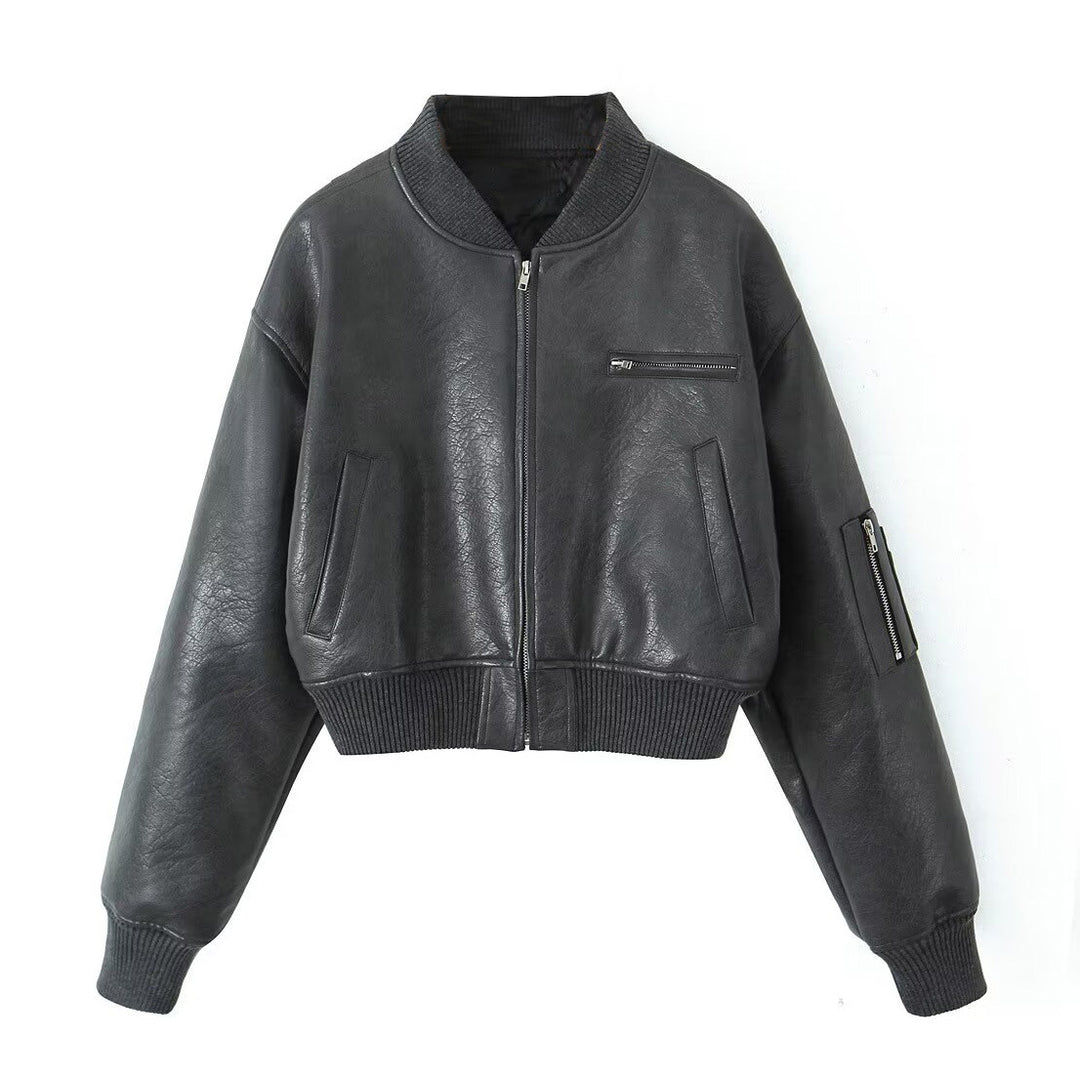 Damen Cropped-Bomberjacke in Vintage-Lederoptik mit Ärmeltasche und breitem Rippbündchen Drune