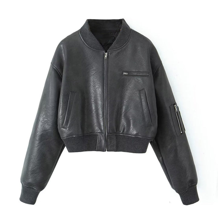 Damen Cropped-Bomberjacke in Vintage-Lederoptik mit Ärmeltasche und breitem Rippbündchen Drune