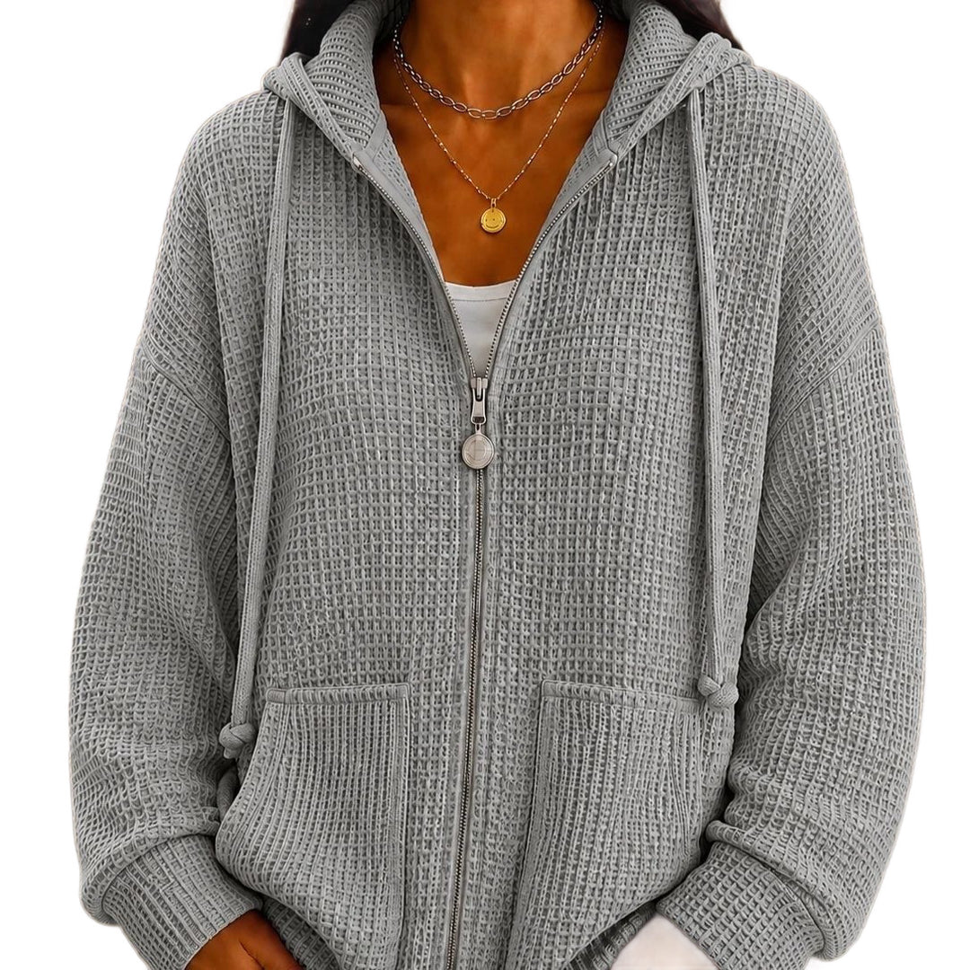 Damen Oversize Waffelstrick-Kapuzenjacke mit Reißverschluss und aufgesetzten Taschen Drune