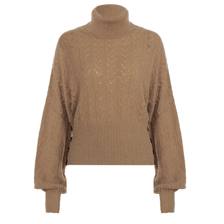 Damen Kurz geschnittener Rollkragen-Strickpullover mit Ballonärmeln und seitlicher Knopfleiste Drune