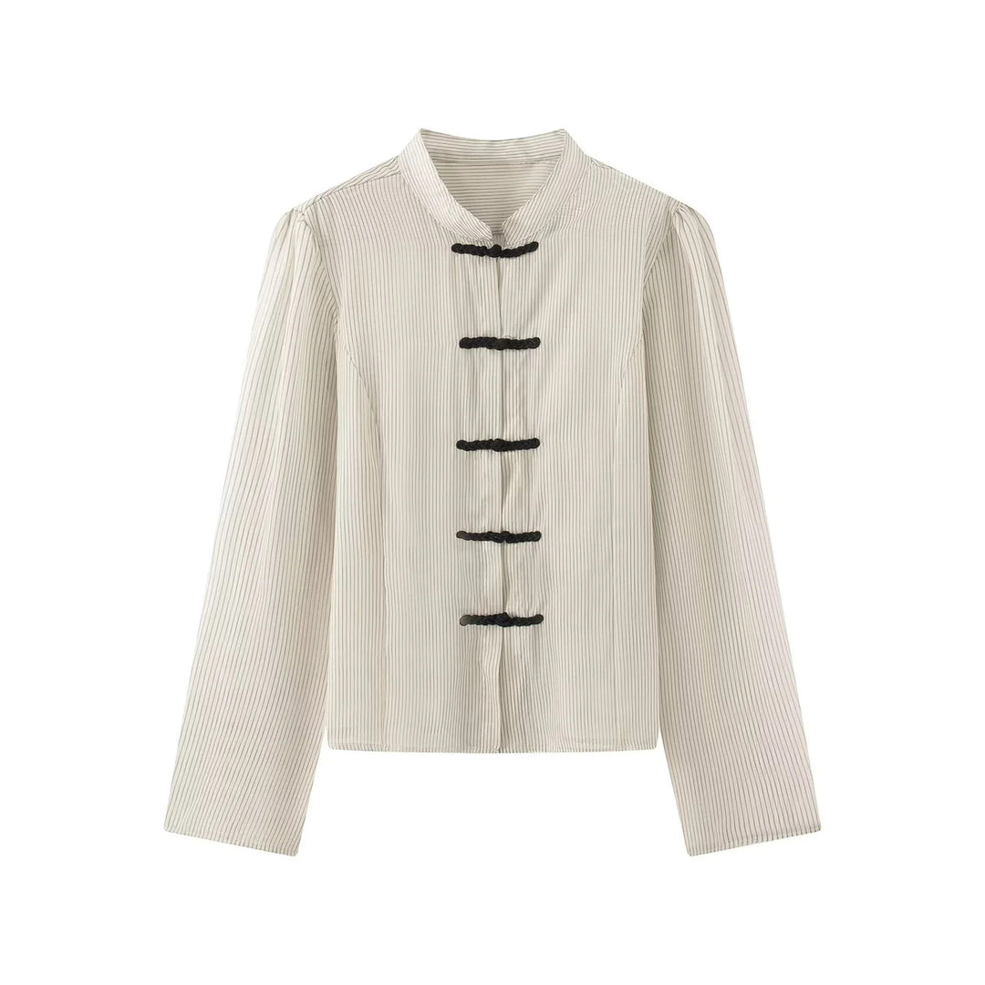 Damen nan taillierte chinesisch inspirierte Jacke mit Stehkragen und Zierknotenverschlüssen Drune