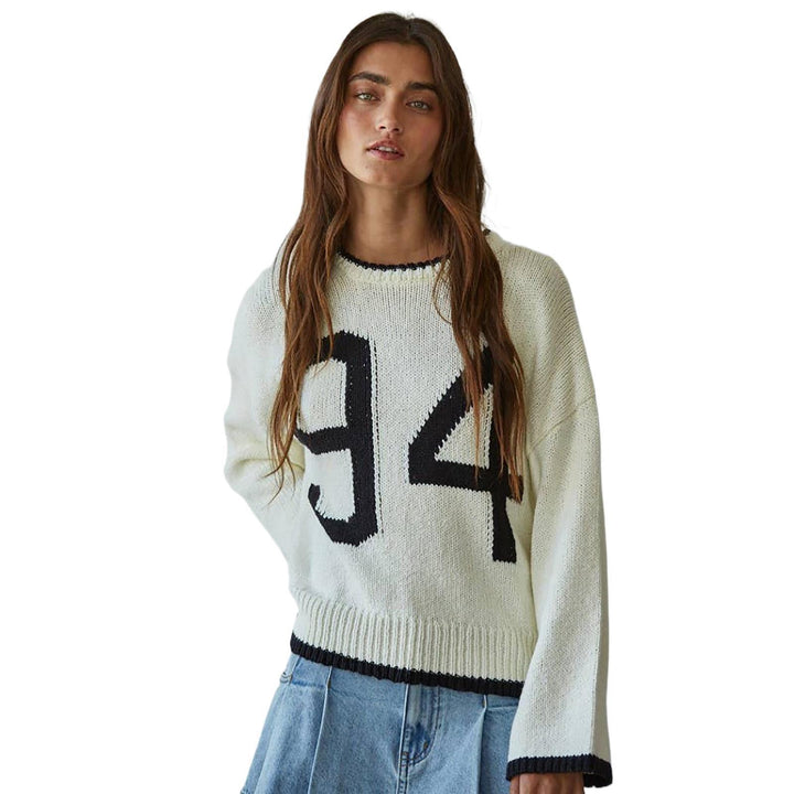 Damen Grobstrick-Pullover mit Rundhalsausschnitt, Kontrastbesatz & Oversized-Silhouette Drune