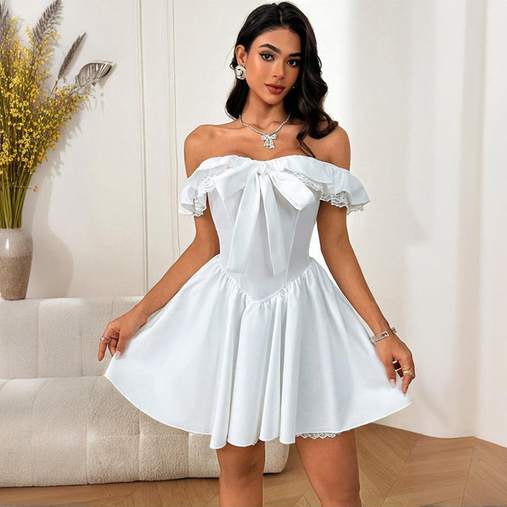 Damen Off-Shoulder Kleid mit verspieltem Schleifendetail Drune