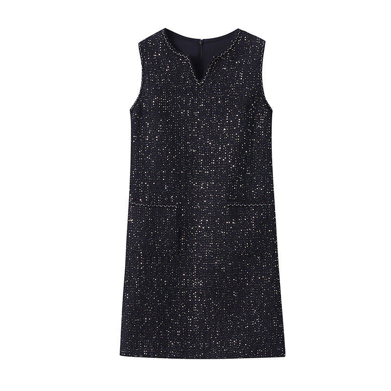Damen elegantes ärmelloses Kleid mit strukturiertem Gewebe und Taschen Drune