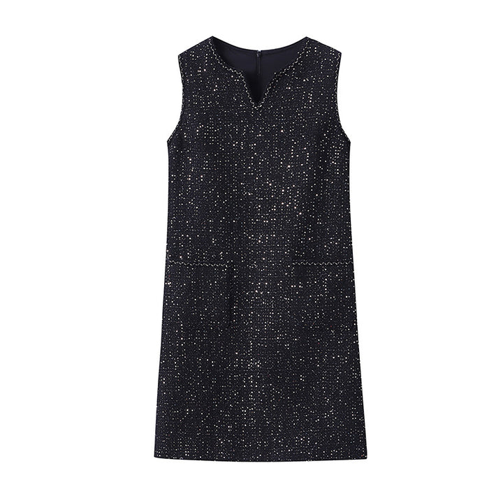Damen elegantes ärmelloses Kleid mit strukturiertem Gewebe und Taschen Drune