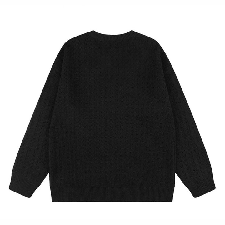 Damen Oversize Strickpullover mit Jacquard-Katzenmotiv und musikalischem Design Drune