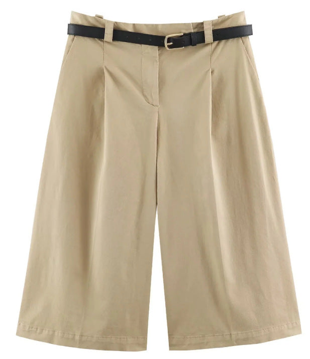 Damen Hochtaillierte Culotte‑Shorts mit Bügelfalte und Ziergürtel Drune