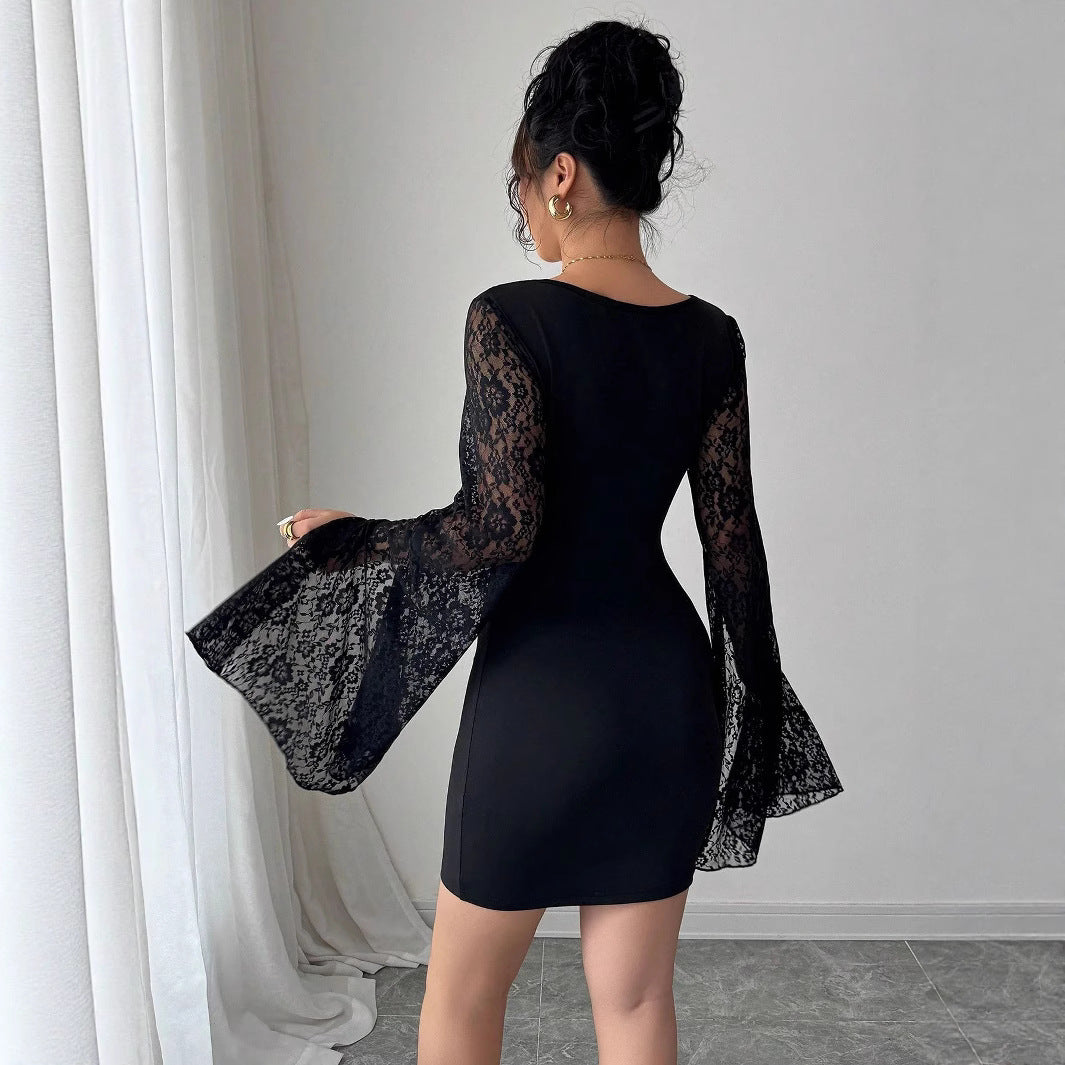 Damen nan figurbetontes Minikleid mit quadratischem Ausschnitt und ausgestellten Spitzenärmeln Drune