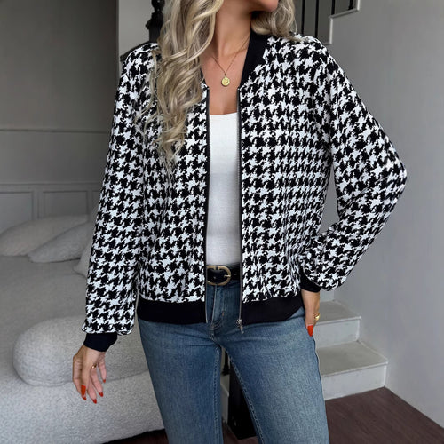 Damen Modischer Bomberjacke mit klassischem Hahnentrittmuster Drune