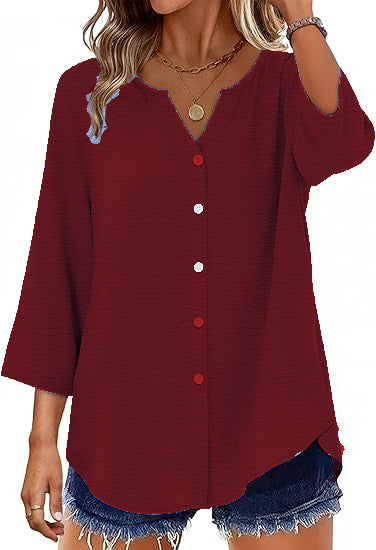 Damen Leichte V-Ausschnitt Blusenjacke mit 3/4-Ärmeln, geschwungenem Saum und durchgehender Knopfleiste Drune