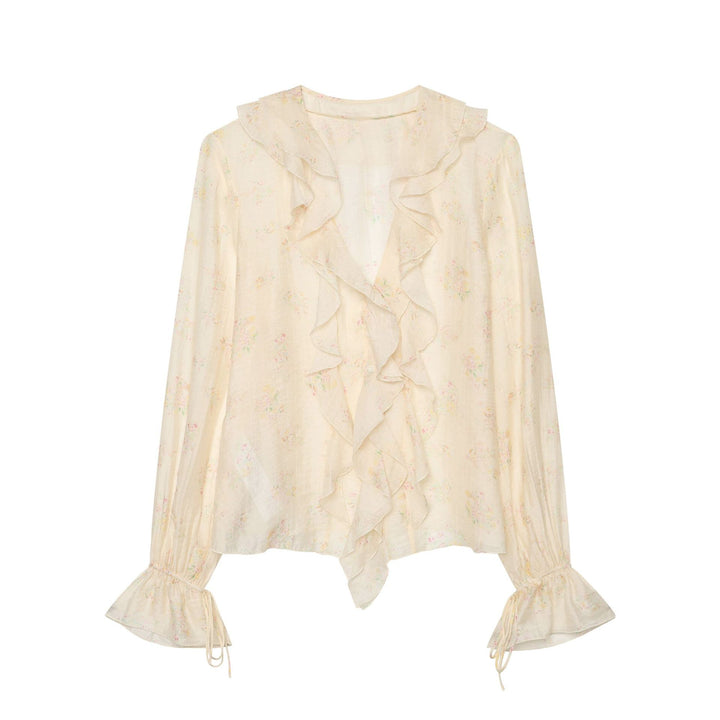 Damen Leichte Chiffonbluse mit Volantkragen V‑Ausschnitt und gerafften Manschetten Drune