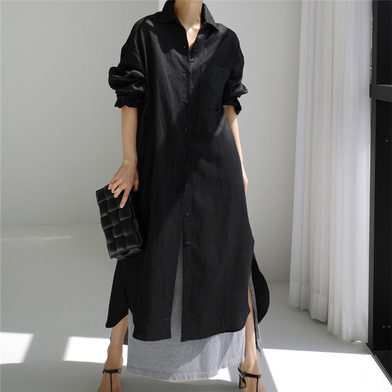 Damen Langes Leichtes Hemdblusen-Midaxi-Kleid mit Kentkragen und hohen Seitenschlitzen Drune