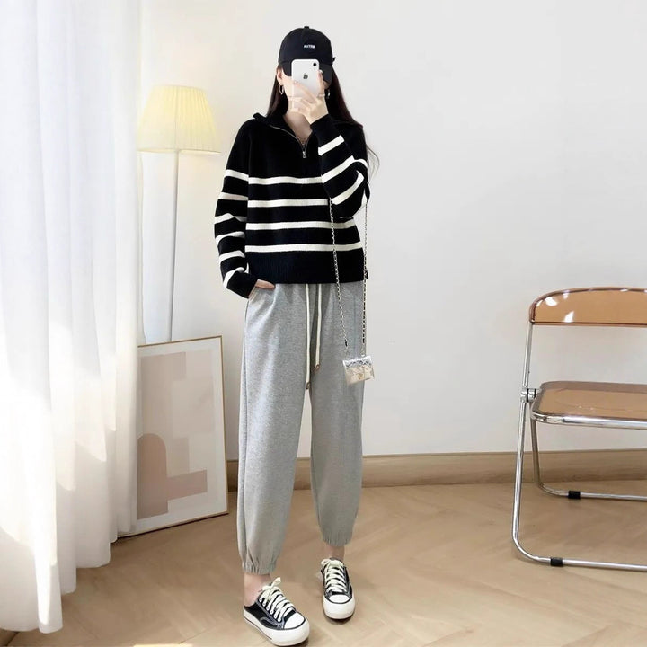 Damen gemütlicher Strickpullover mit Halbzipper Drune