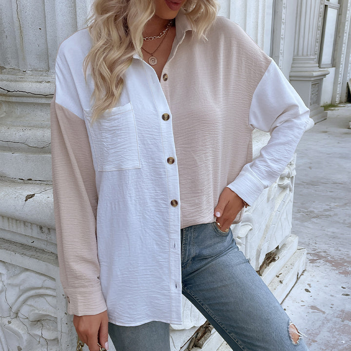 Damen Oversized-Hemdbluse mit Colour-Blocking, Brusttasche und strukturierter Viskosemischung Drune