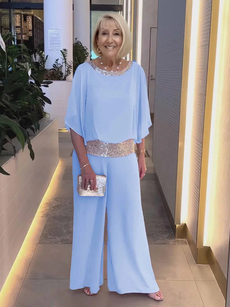 Damen Elegantes Zweiteiliges Abendensemble mit Chiffon-Cape, Paillettenbesatz und Palazzo-Hose Drune