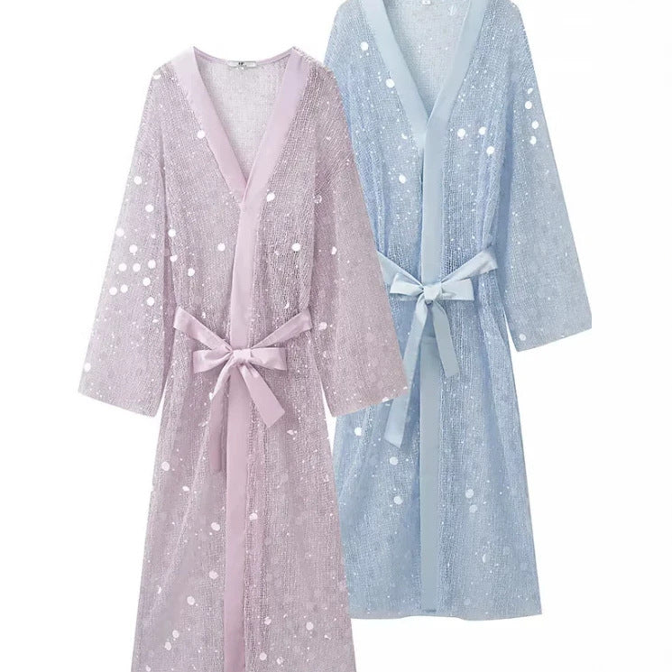Damen Glamouröses Maxikleid mit V‑Ausschnitt, Pailletten‑Overlay und Taillengürtel Drune