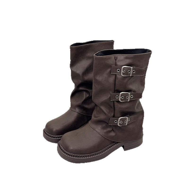 Damen Modische Stiefel mit Schnallen und hohem Schaft Drune