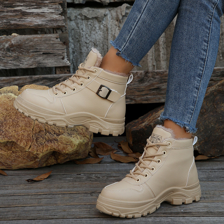 Damen nan gefütterte Plateau-Sneaker-Stiefelette mit Kunstfellkragen und profilierter Outdoor-Sohle Drune