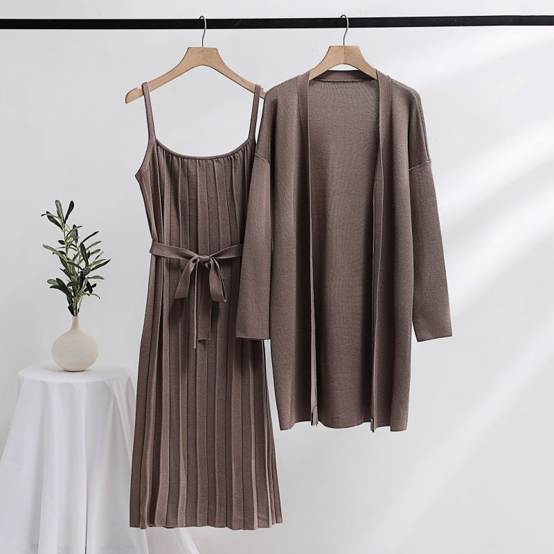 Damen elegantes und lässiges Strickkleid mit passender Strickjacke Drune