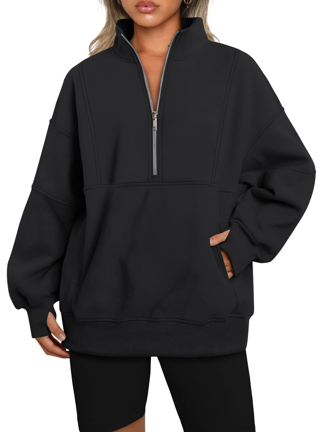Damen Oversize-Sweatshirt mit halbem Reißverschluss, Stehkragen und Kängurutasche Drune