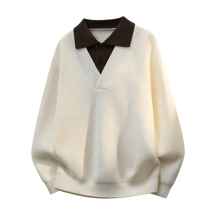 Herren Grobstrick-Pullover mit tiefem V-Ausschnitt und kontrastierendem Polokragen Drune